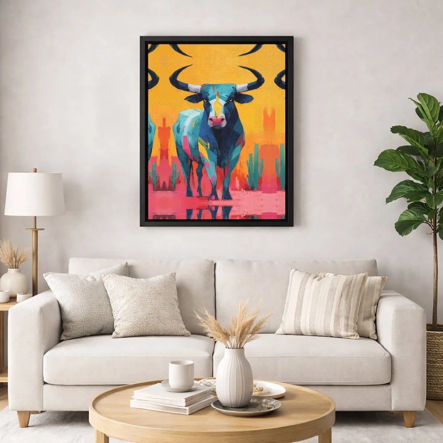 Abstract Bull Canvas Wall Art | Vibrant Desert Landscape Painting | Gallery-Quality Fade-Resistant Print | Southwestern Home Office Decor
