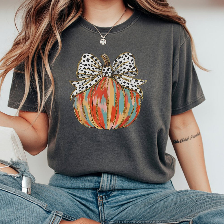Coquette Bow Pumpkin T-Shirt | Fall Aesthetic Graphic Print | Premium 100% Cotton Tee | Trendy Thanksgiving Autumn Gift for Women