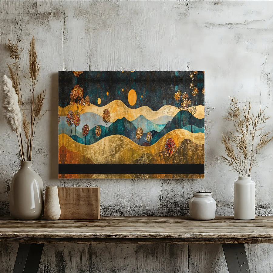 Abstract Gold and Teal Landscape Canvas | Modern Rolling Hills Night Scene | Premium Fade-Resistant Wall Art | Elegant Home & Office Decor Gift