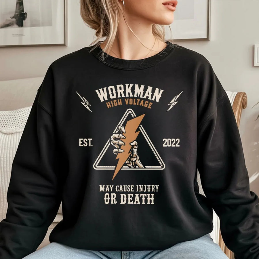 High Voltage Electrician Sweatshirt | Skeleton Hand Lightning Bolt Graphic | Soft Cotton Blend Unisex Pullover | Funny Tradesman Gift for Linemen