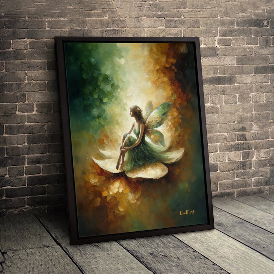 Ethereal Fairy Wall Art | Whimsical Green Forest Sprite on Glowing Flower | Premium Gallery-Wrapped Canvas | Magical Fantasy Home Decor Gift