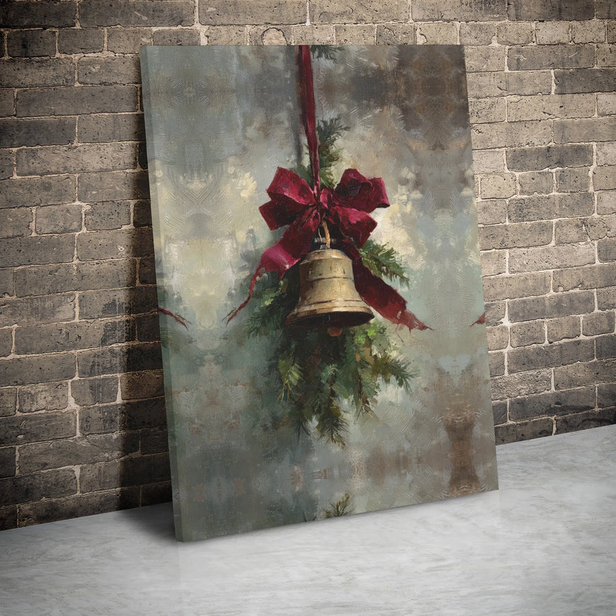 Vintage Christmas Bell Canvas Wall Art | Red Bow & Pine Branch Painting | Premium Gallery Wrap Decor | Festive Holiday Home Interior Gift