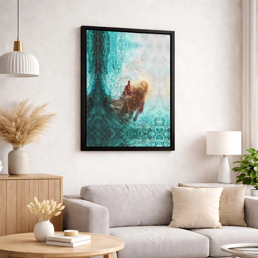 Jesus Reaching Hand Canvas Wall Art | Abstract Religious Baptism Painting | Premium Gallery Wrap Decor | Inspirational Christian Gift for Home