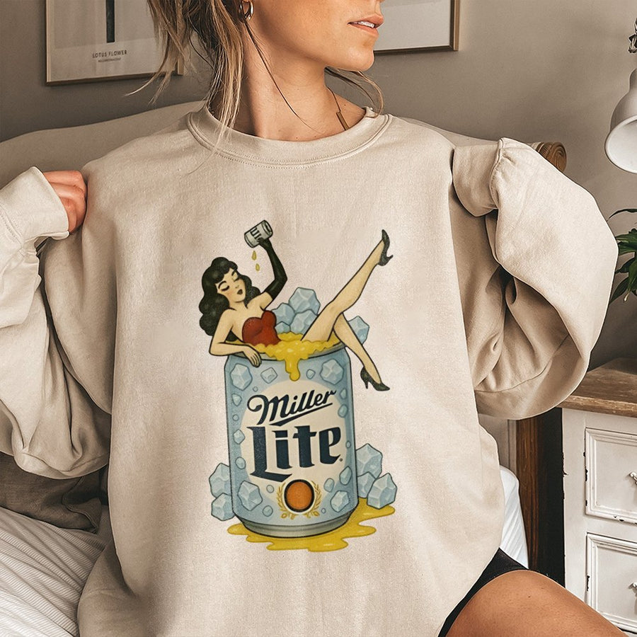 Miller Pin-Up Graphic Sweatshirt, Unisex Retro Beer Logo Sweatshirt, Vintage Style Artwork, Fun Beer Lover  Sweatshirt