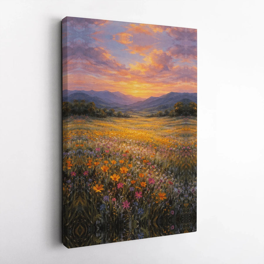 Wildflower Meadow Canvas Wall Art | Vibrant Sunset Mountain Landscape | Premium Gallery Wrapped Canvas | Boho Botanical Art Gift for Home Decor