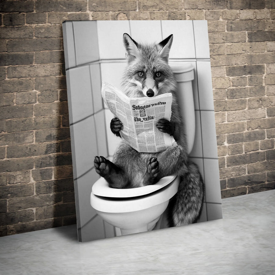 Fox on Toilet Reading Newspaper Canvas | Funny Animal Bathroom Wall Art | Premium Gallery Wrapped Print | Quirky Gift for Bathroom Decor