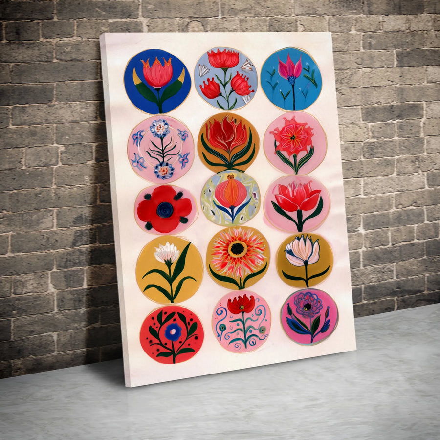 Folk Art Floral Canvas Print | Vibrant Botanical Medallions Wall Art | Premium Gallery Quality Canvas | Boho Living Room Decor Gift