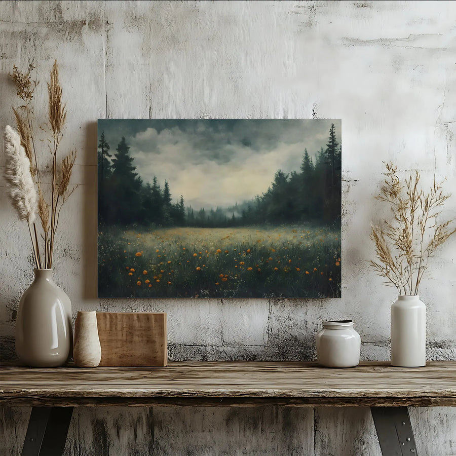 Misty Forest Meadow Canvas Art | Moody Wildflower Landscape Painting | Premium Gallery Wrapped Print | Rustic Nature Wall Decor Gift
