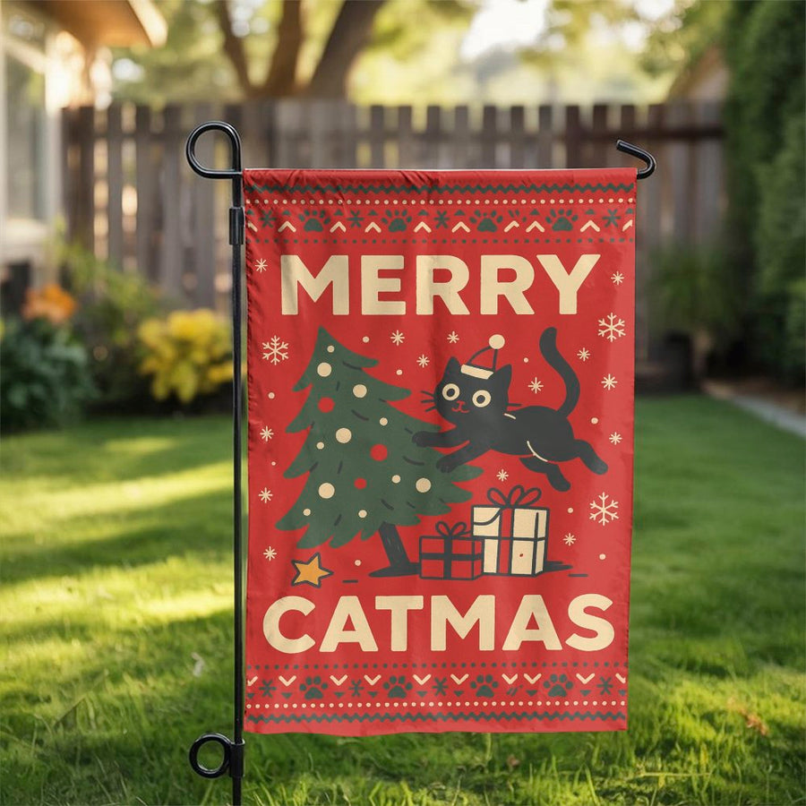 Merry Catmas Garden Flag | Funny Black Cat Christmas Yard Decor | Premium Double-Sided Polyester | Festive Holiday Gift for Cat Lovers