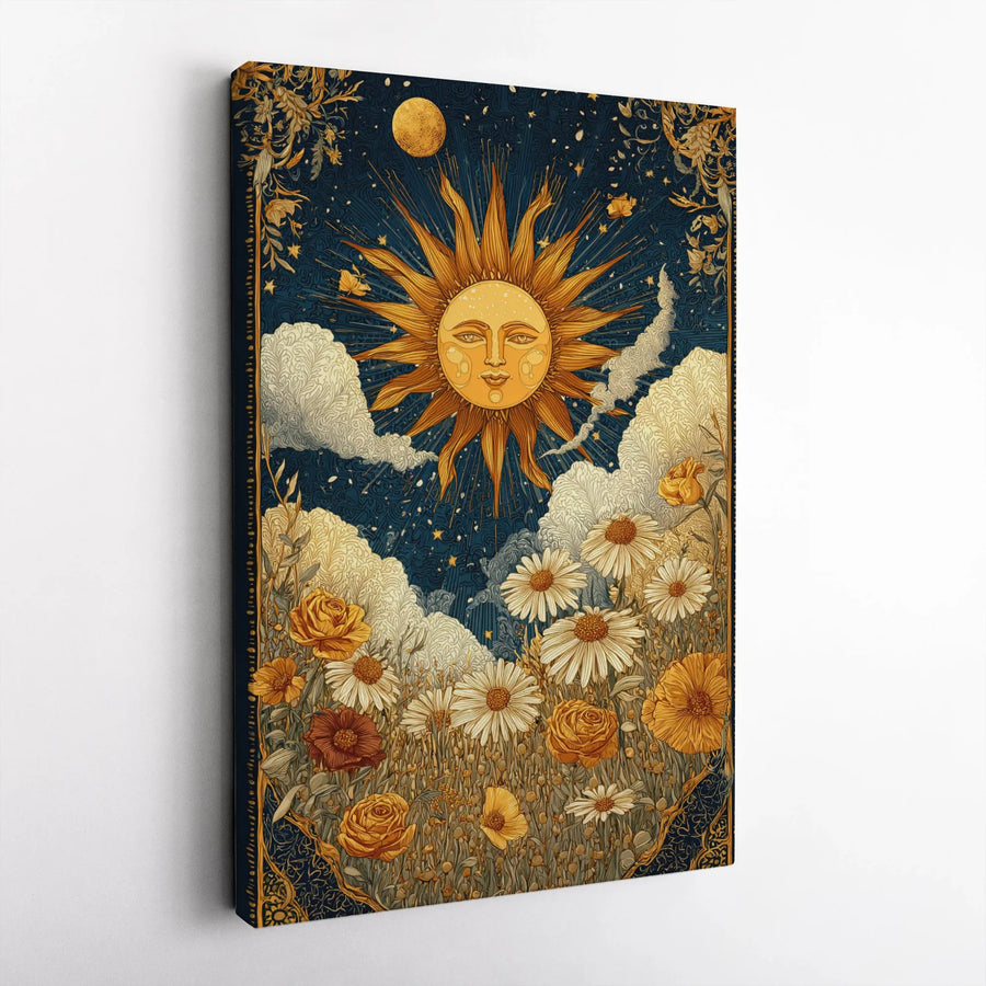 Celestial Sun and Moon Canvas Art | Art Nouveau Wildflower Wall Decor | Premium 1.25 Inch Gallery Wrap | Mystical Boho Home Gift for Her
