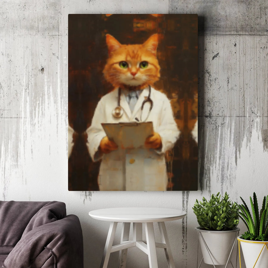 Orange Cat Doctor Canvas Wall Art | Whimsical Ginger Kitten Physician Portrait | Premium Gallery Wrap Print | Funny Veterinarian Office Decor Gift