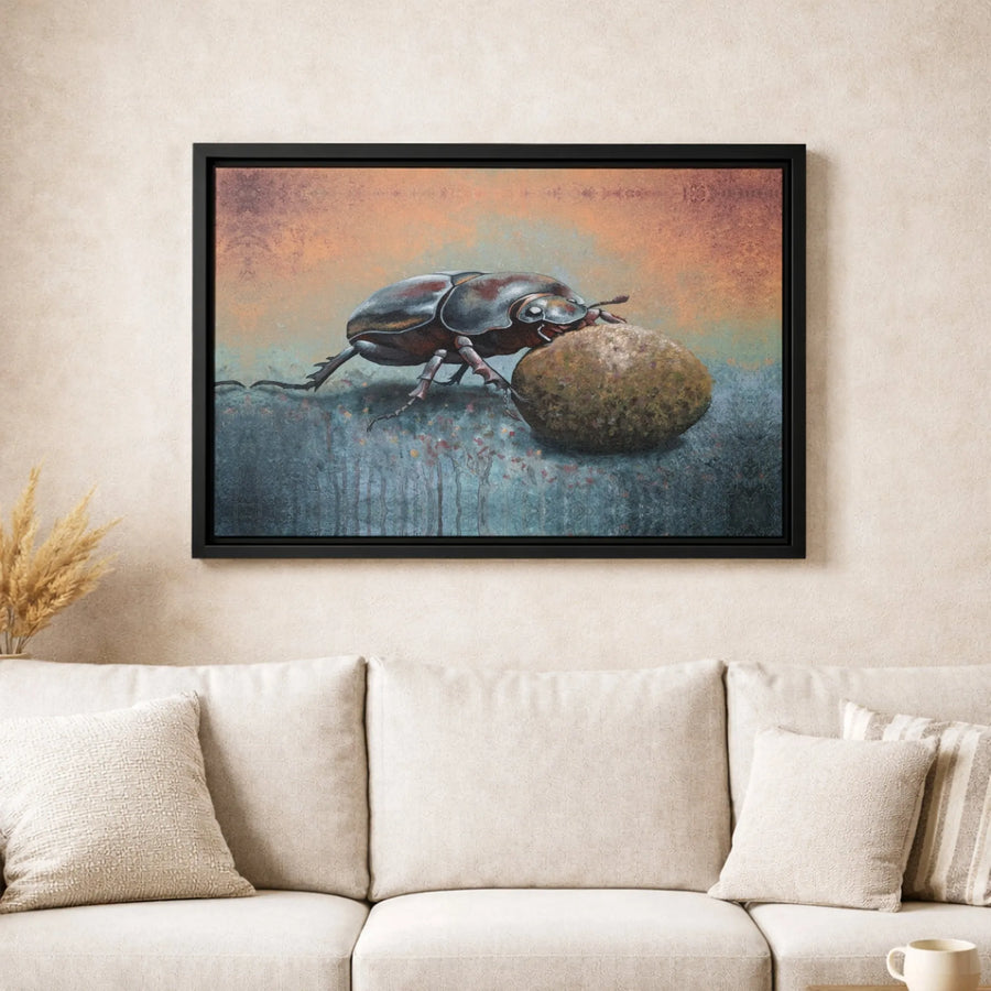 Dung Beetle Wall Art Canvas | Surreal Nature Insect Oil Painting Style | Premium 1.25" Gallery Wrap | Unique Office & Home Decor Gift