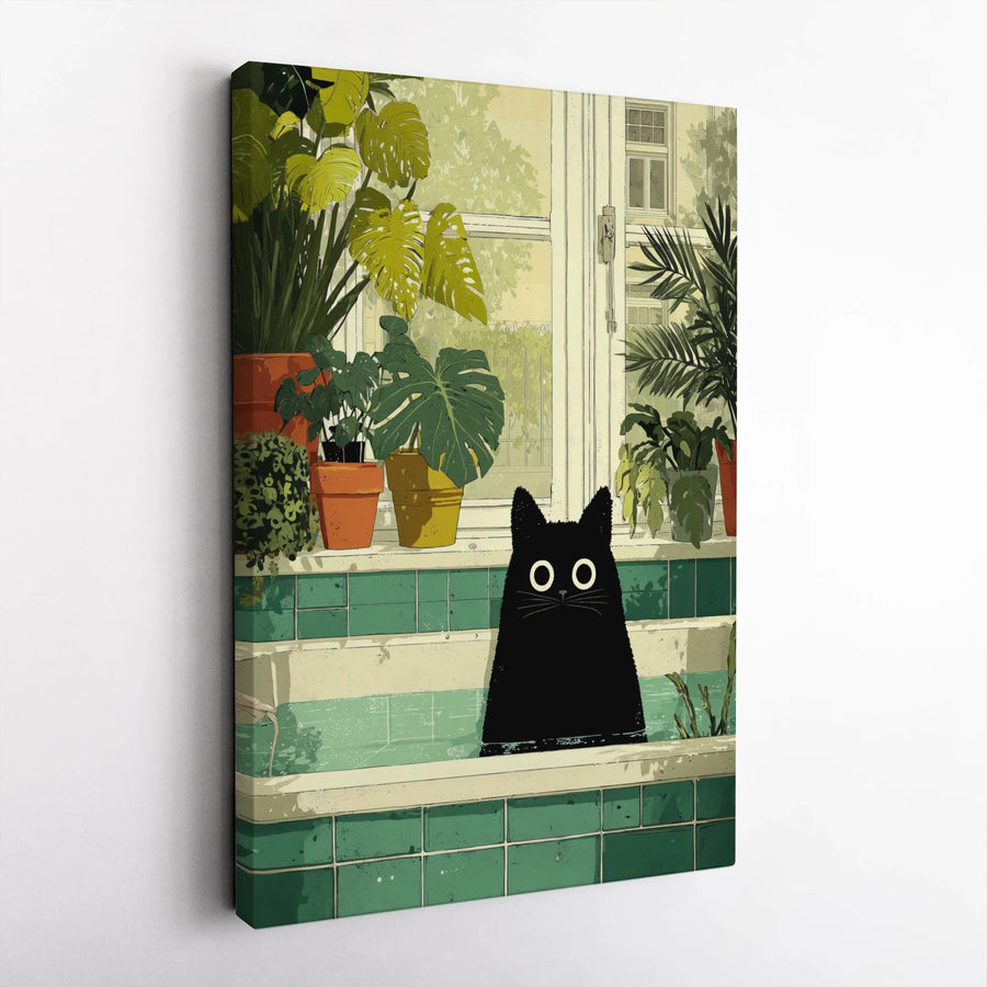 Black Cat in Bathtub Wall Art | Whimsical Botanical Bathroom Decor | Premium Gallery Wrap Canvas | Unique Gift for Cat Lovers