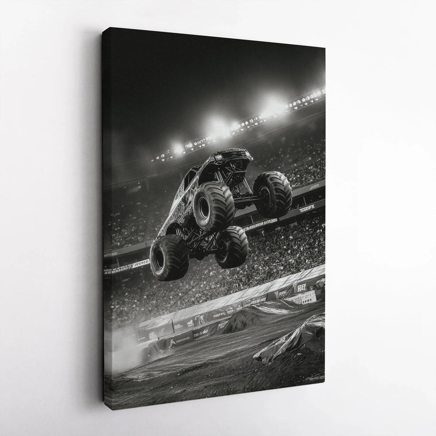Monster Truck Vertical Canvas | Black and White Action Photography | Premium 1.25" Thick Wall Art | Collector's Gift for Boys Room & Man Cave Decor