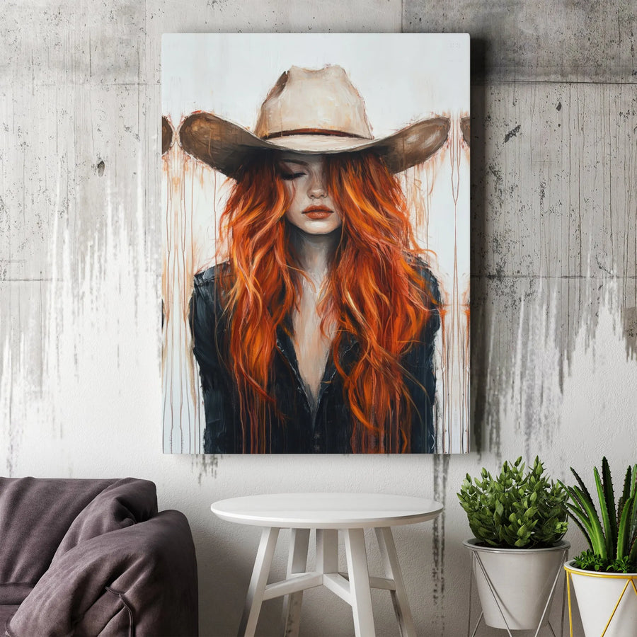 Western Cowgirl Canvas Wall Art | Red-Haired Woman Portrait | Premium Gallery-Wrapped Print | Rustic Home Decor Gift for Her