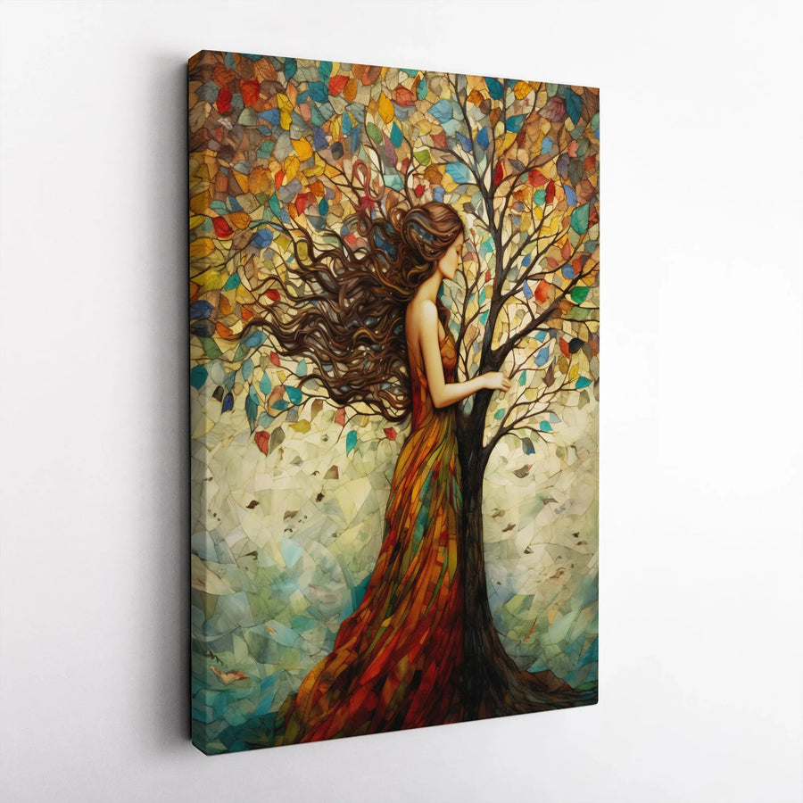 Autumn Tree Woman Canvas Wall Art | Mosaic Stained Glass Style Print | Premium Gallery-Wrapped Decor | Whimsical Nature Home Gift