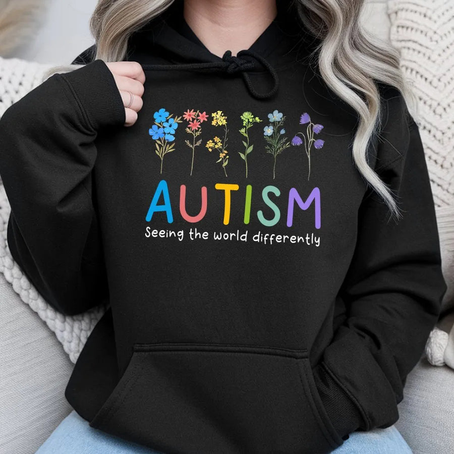 Autism Awareness Hoodie | Seeing The World Differently Floral Graphic | Soft Cotton-Blend Pullover | Neurodiversity Gift For Teachers & Students