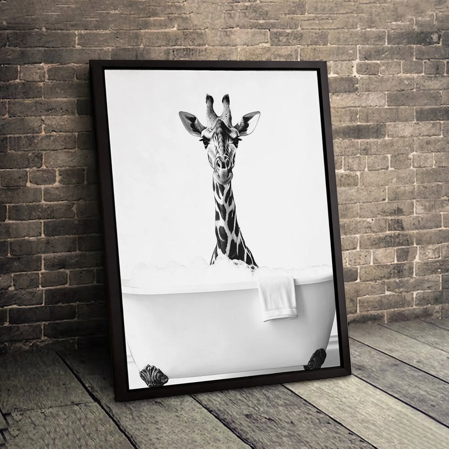 Giraffe In Bathtub Wall Art | Black and White Animal Canvas | Premium 1.25 Inch Gallery Wrap | Whimsical Bathroom Decor Gift