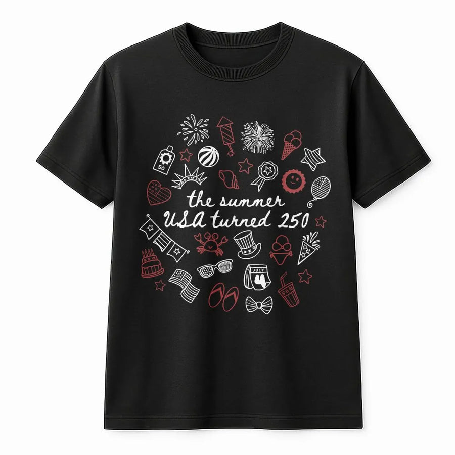 USA 250th Anniversary T-Shirt | Retro Summer Doodle Graphic | Soft Cotton Blend | Patriotic Semiquincentennial Commemorative Gift