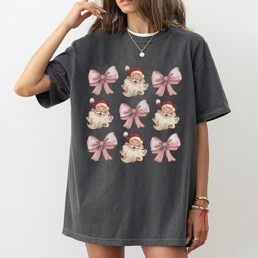 Christmas Coquette Bow T-Shirt | Retro Santa Claus Graphic Tee | 100% Cotton Premium Holiday Apparel | Cute Winter Gift for Her
