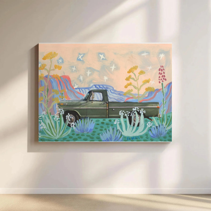 Vintage Truck Canvas Wall Art | Pastel Desert Botanical Scene | Premium Gallery Quality Canvas | Southwestern Boho Home Decor Gift