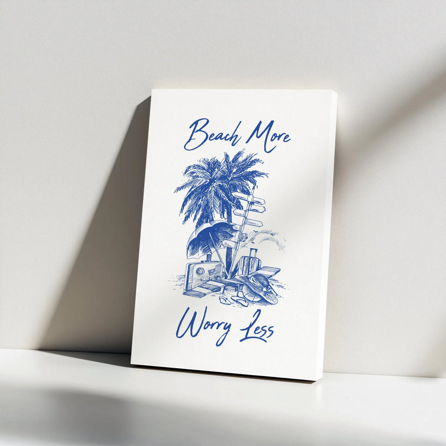 Beach More Worry Less Canvas Print | Palm Tree Travel Sketch Art | Gallery Wrap Premium Decor | Coastal Wall Art For Beach House Lovers