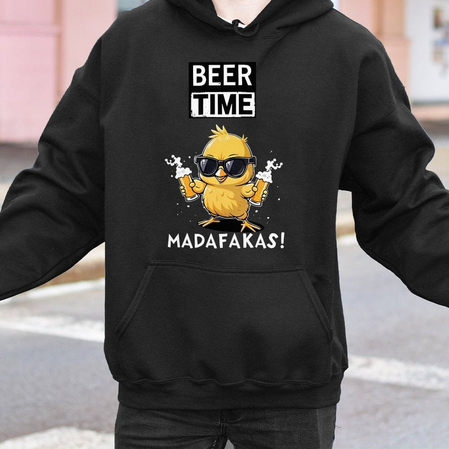 Beer Time Funny Chicken Hoodie | Cool Chick Holding Beers Graphic | Premium Cotton Blend Unisex Sweatshirt | Gift for Beer Lovers
