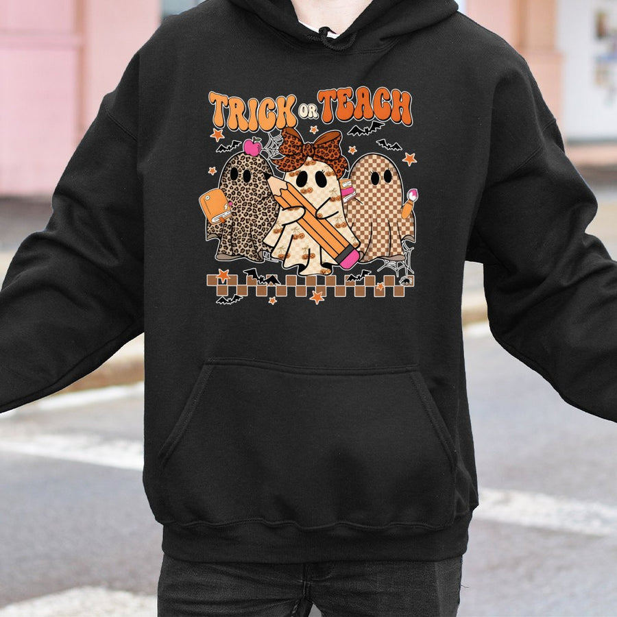 Trick Or Teach Hoodie | Cute Leopard Ghost Teacher Halloween Graphic | Premium Cotton Blend | Gift For Teachers & Educators