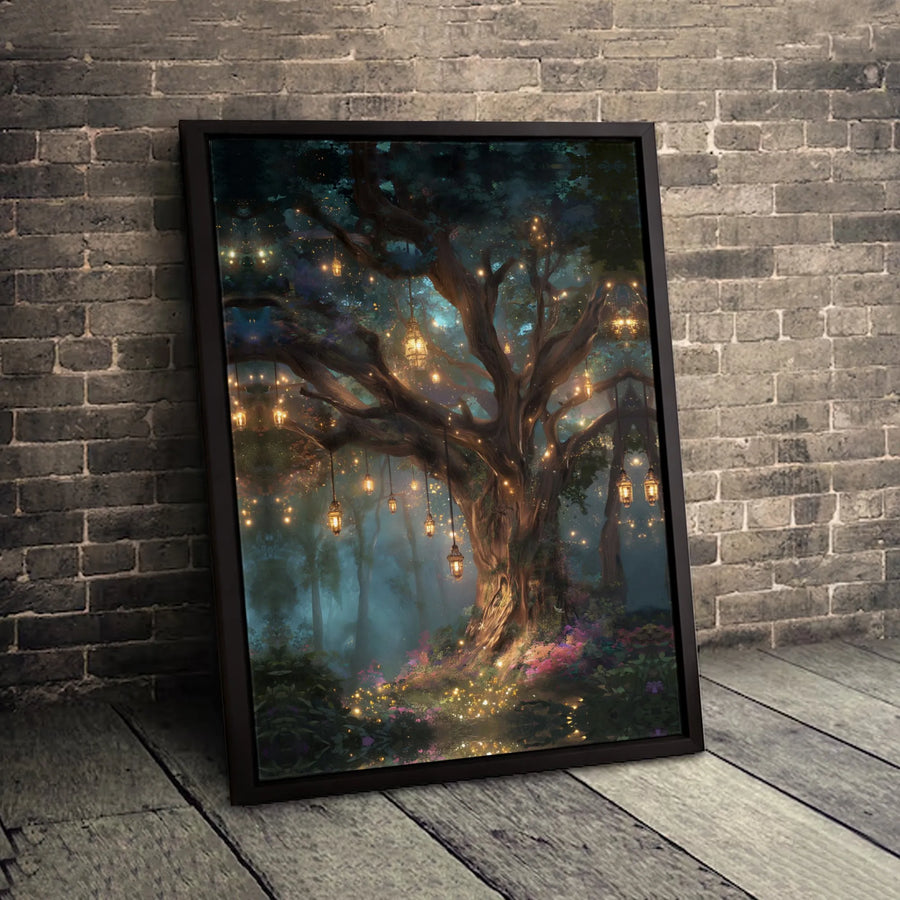 Enchanted Forest Canvas Print | Magical Tree With Hanging Lanterns Wall Art | 1.25-Inch Premium Gallery Wrap | Whimsical Home Decor Gift