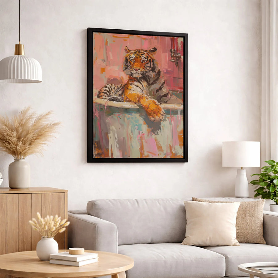 Tiger In Bathtub Wall Art | Whimsical Animal Oil Painting Style | 1.25 Inch Gallery Wrapped Canvas | Unique Home Decor Gift