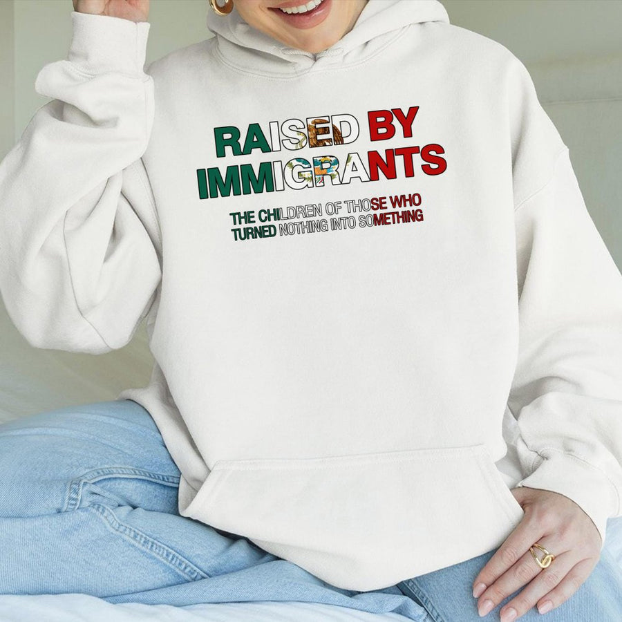 Raised By Immigrants Hoodie | Mexican Flag Heritage Quote | Premium Cotton Blend | Latino Pride Gift For First Generation Americans