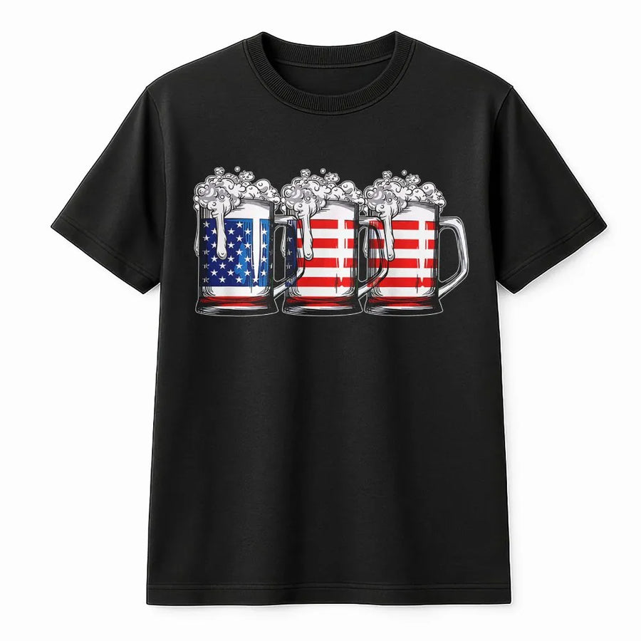 Beer American Flag T-Shirt | Patriotic Graphic Drinking Design | Soft 100% Cotton Premium Tee | Fourth of July BBQ Party Apparel