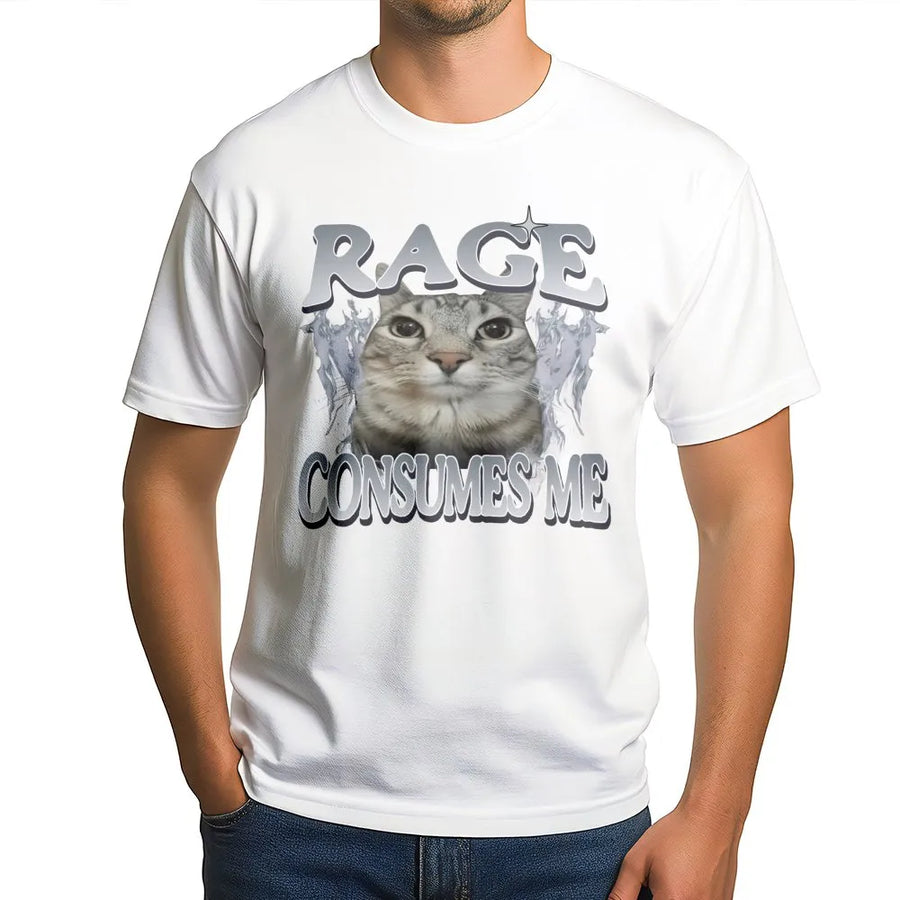 Rage Consumes Me Cat T-Shirt | Funny Viral Internet Meme Graphic Tee | Premium Cotton Aesthetic Apparel | Gift for Cat Lovers & Meme Fans