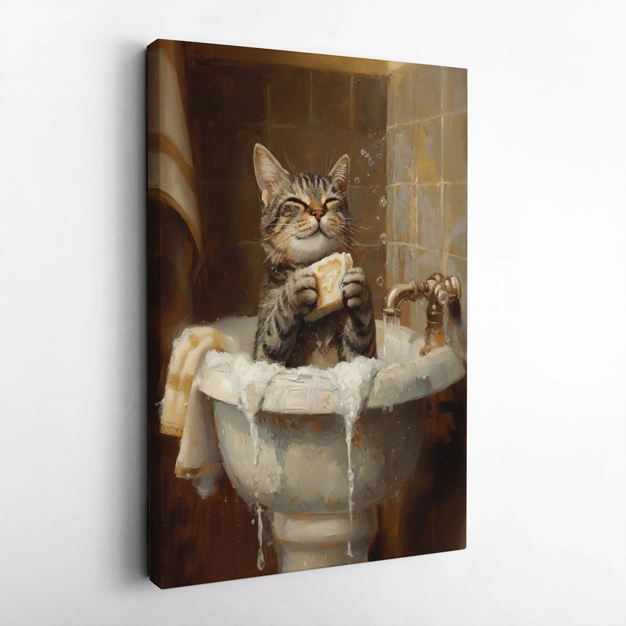 Cat Bubble Bath Canvas Wall Art | Funny Animal Oil Painting Print | Premium Gallery Wrapped Decor | Whimsical Bathroom Decor Gift