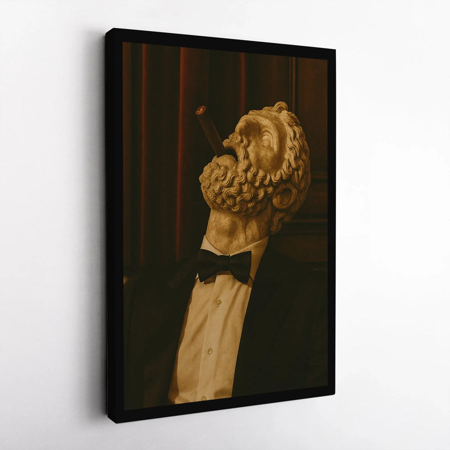 Greek God Smoking Cigar Canvas Art | Classical Sculpture in Tuxedo | Fade-Resistant Gallery Print | Unique Gift for Him, Man Cave Decor