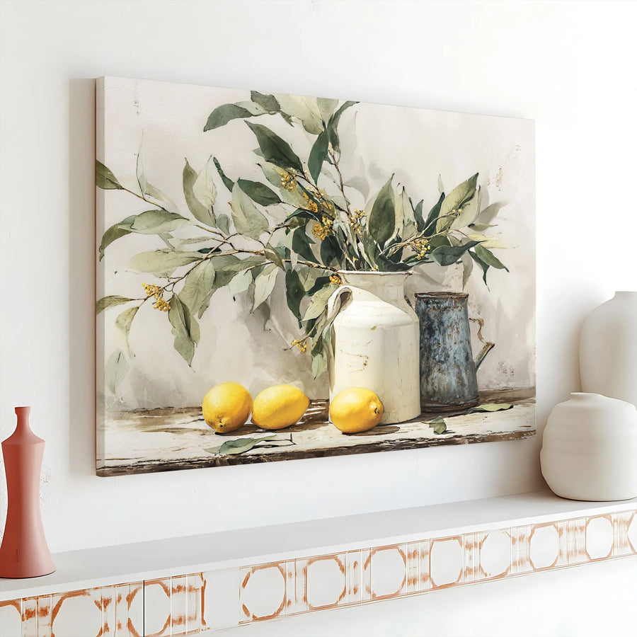 Lemon Still Life Canvas Wall Art | Rustic Farmhouse Painting Print | Premium Gallery Wrapped Canvas | Kitchen & Dining Room Decor