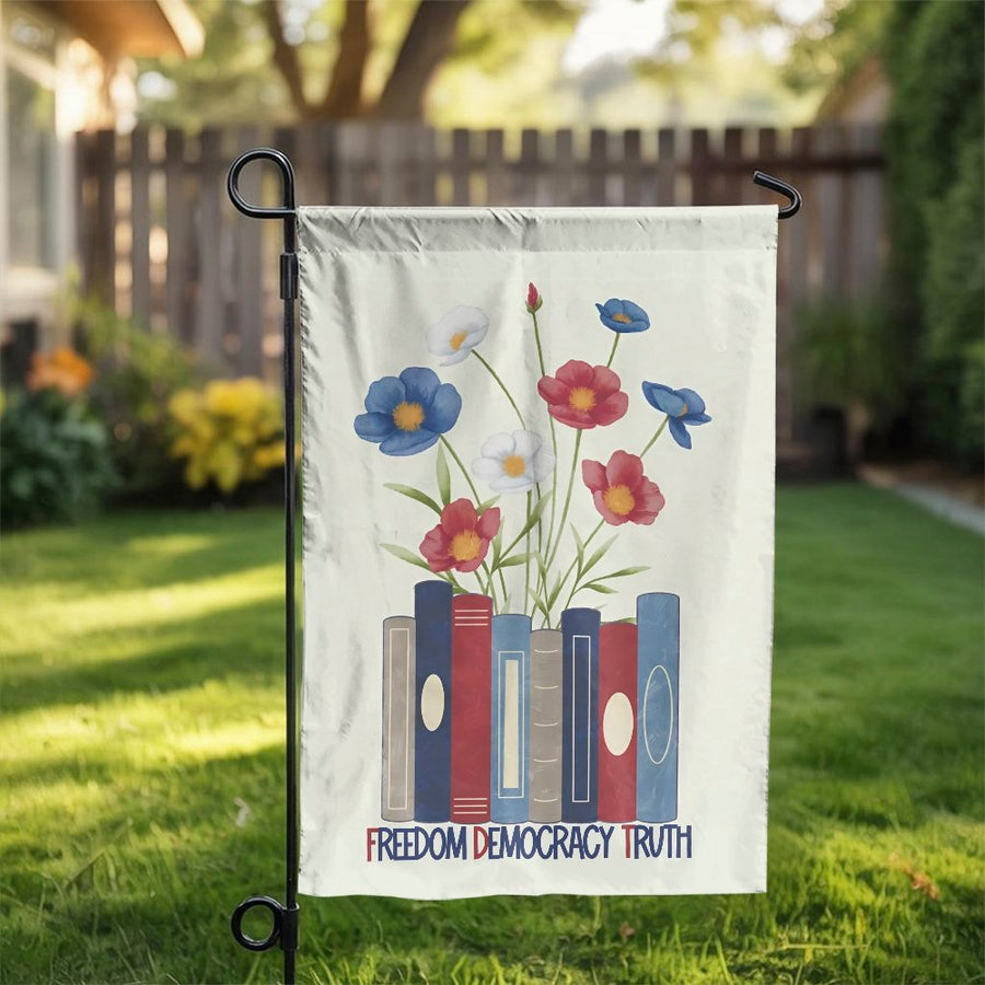 Patriotic Garden Flag | Freedom Democracy Truth Floral Book Stack Art | Premium Weather-Resistant Polyester | Outdoor Yard Decor Gift