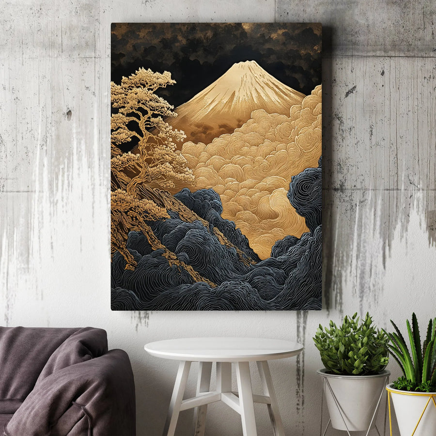 Mount Fuji Vertical Canvas | Gold & Black Japanese Woodblock Style Print | Premium Gallery Wrapped Canvas | Modern Asian Inspired Home Decor Gift