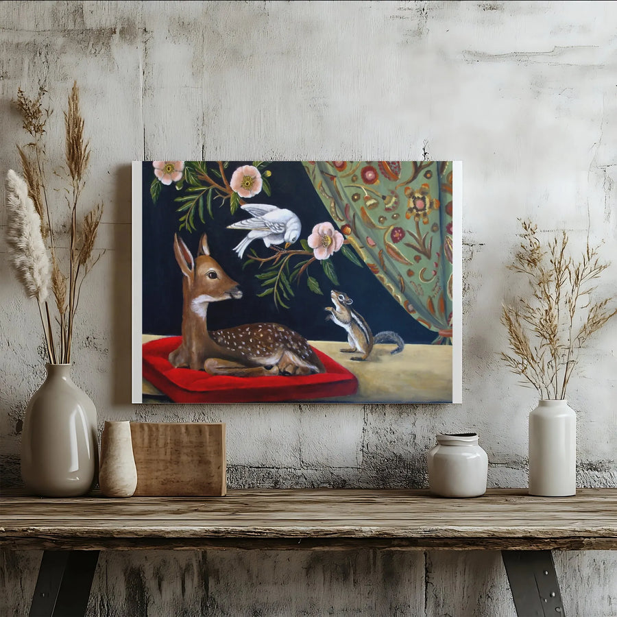 Vintage Woodland Animals Canvas | Folk Art Fawn, Dove & Chipmunk Print | Premium Gallery Wrap Wall Art | Nursery Room Decor Gift for Nature Lover