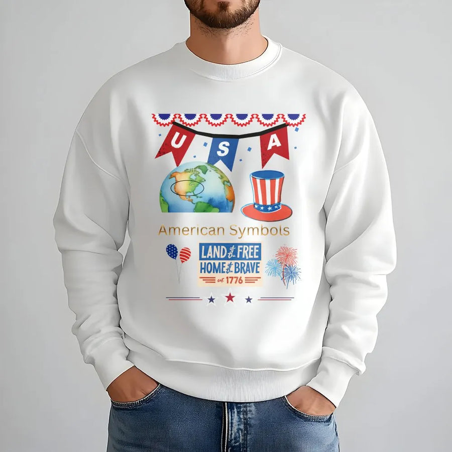American Symbols Patriotic Sweatshirt | Land Of The Free Graphic | Premium Cotton Blend Crewneck | 4th of July Gift for Men and Women