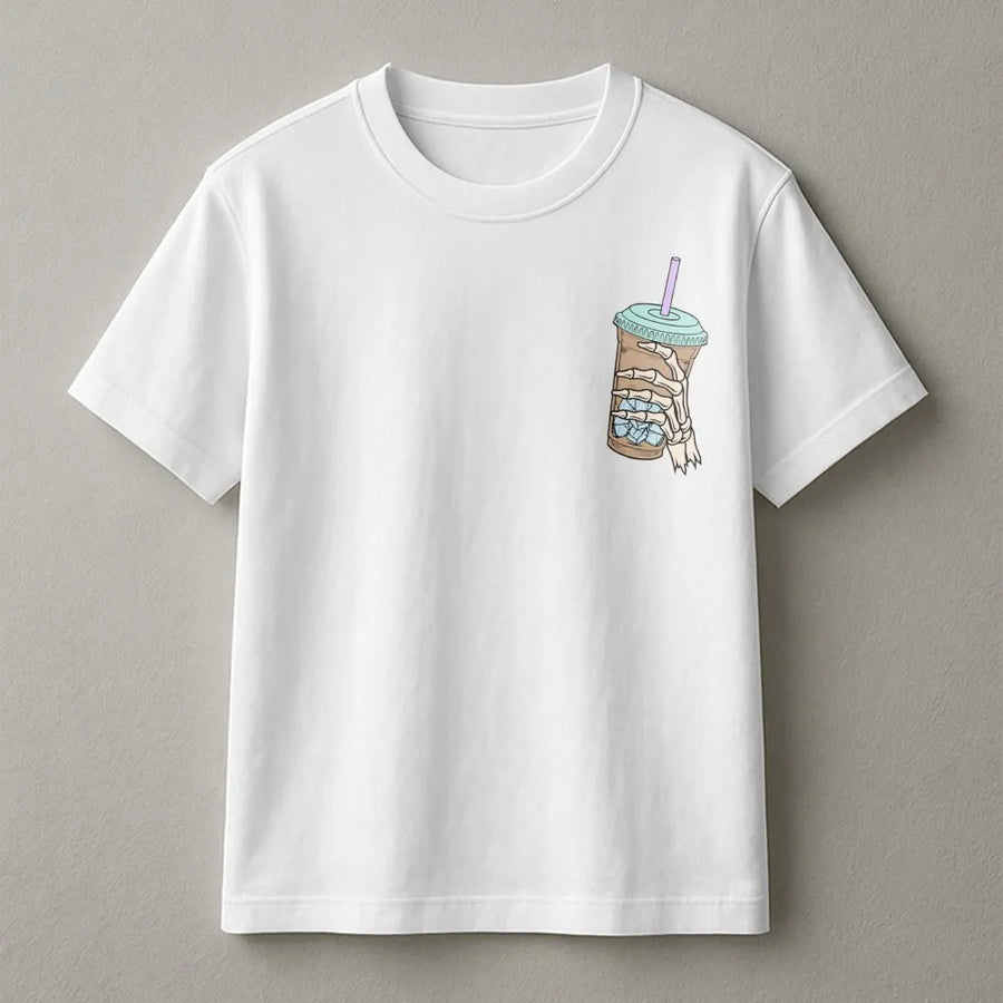 Iced Coffee Skeleton Hand T-Shirt | Minimalist Pocket Design Graphic Tee | Premium Soft Cotton Blend | Funny Coffee Lover Gift For Her