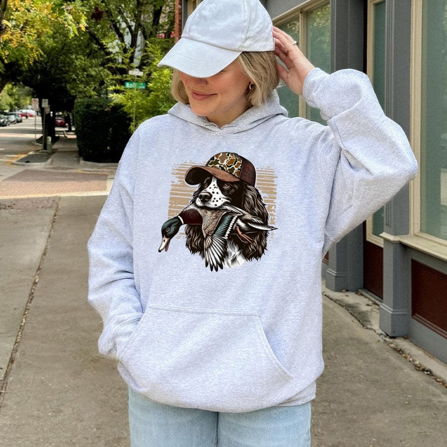 Springer Spaniel Hunting Hoodie | Duck Hunter Mallard Graphic Print | Premium Cotton-Blend Apparel | Gift for Bird Dog Lovers & Outdoor Sportsmen