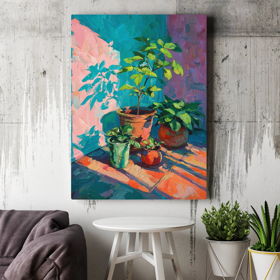 Potted Plants Canvas Wall Art | Vibrant Impressionist Still Life Print | Premium Gallery Wrapped Canvas | Modern Botanical Home Decor Gift