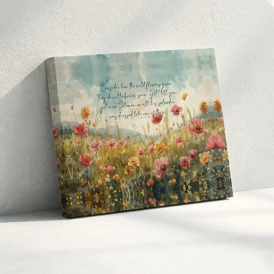 Wildflower Bible Verse Wall Art | Luke 12:27 Watercolor Floral Print | Premium Gallery Wrapped Canvas | Christian Home Decor Gift for Women