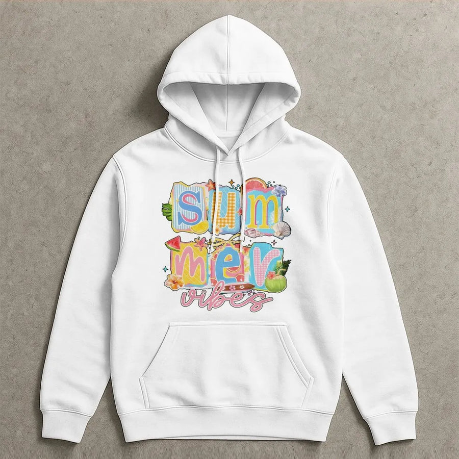 Summer Vibes Hoodie | Retro Collage Beach Graphic | Soft Cotton Graphic Tee | Cute Vacation Gift for Women