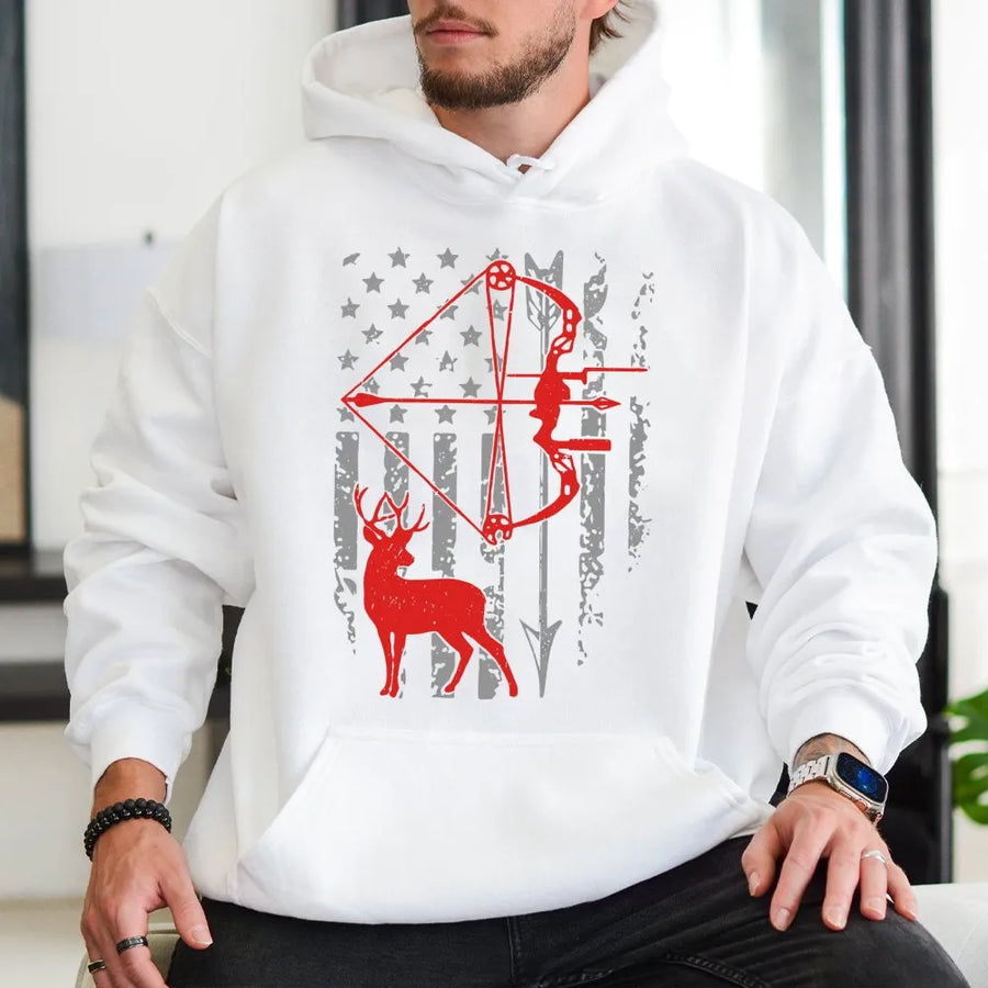 Bow Hunting Hoodie | American Flag Deer Archer Graphic | Premium Cotton Blend | Patriotic Gift for Hunters and Outdoorsmen