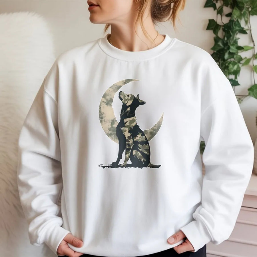 Camo Dog Sweatshirt | Howling Wolf Silhouette Moon Design | Premium Cotton Blend Crewneck | Outdoor Wildlife Hunter Gift for Men and Women