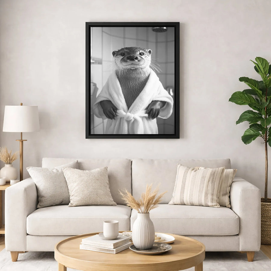 Funny Otter in Bathrobe Canvas Print | Whimsical Bathroom Wall Art | Premium Gallery-Wrapped Portrait | Unique Gift for Animal Lovers