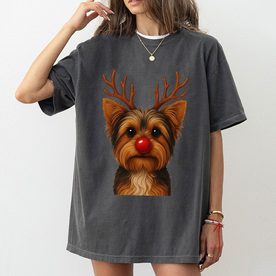 Yorkie Christmas T-Shirt | Cute Yorkshire Terrier Reindeer Graphic | Premium 100% Cotton Tee | Holiday Gift for Dog Lovers