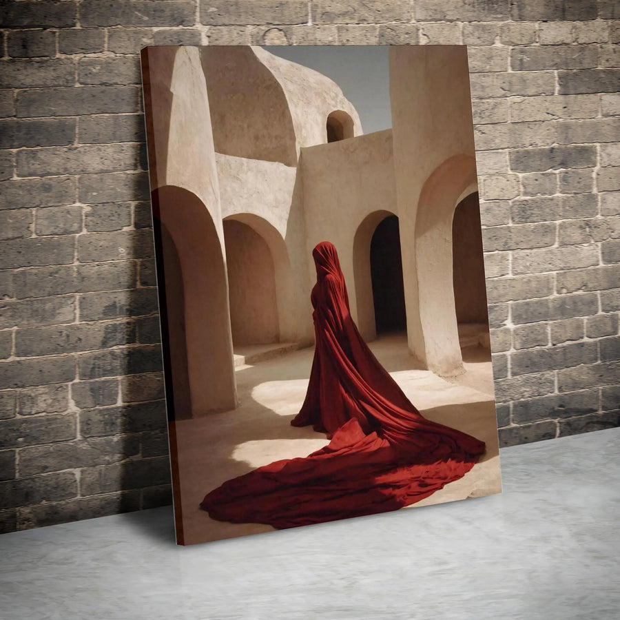 Mysterious Red Robe Vertical Canvas | Surreal Architectural Wall Art | Premium Gallery Wrap Canvas | Modern Minimalist Home Decor Gift